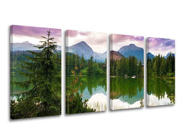 Klasičan slika na platnu s motivom SLOVAČKA, planine, jezero, nebo, pejzaž u ljubičasto-ružičastih nijansama, mirna atmosfera, priroda, višedijelna izvedba – glavna
