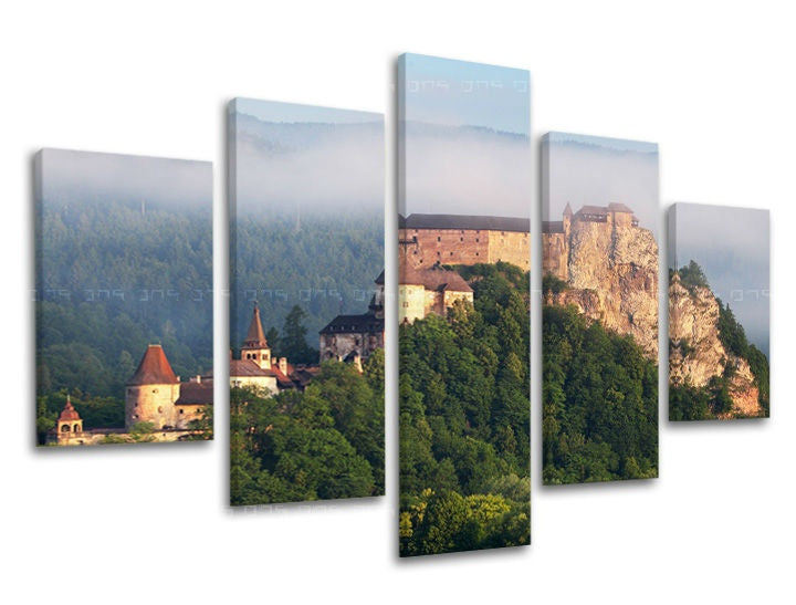Klasičan slika na platnu s motivom SLOVAČKA, zamak, šuma, izmaglica, arhitektura u sivo-zelenih nijansama, mirna atmosfera, priroda, višedijelna izvedba – glavna