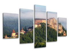 Klasičan slika na platnu s motivom SLOVAČKA, zamak, šuma, izmaglica, arhitektura u sivo-zelenih nijansama, mirna atmosfera, priroda, višedijelna izvedba – glavna