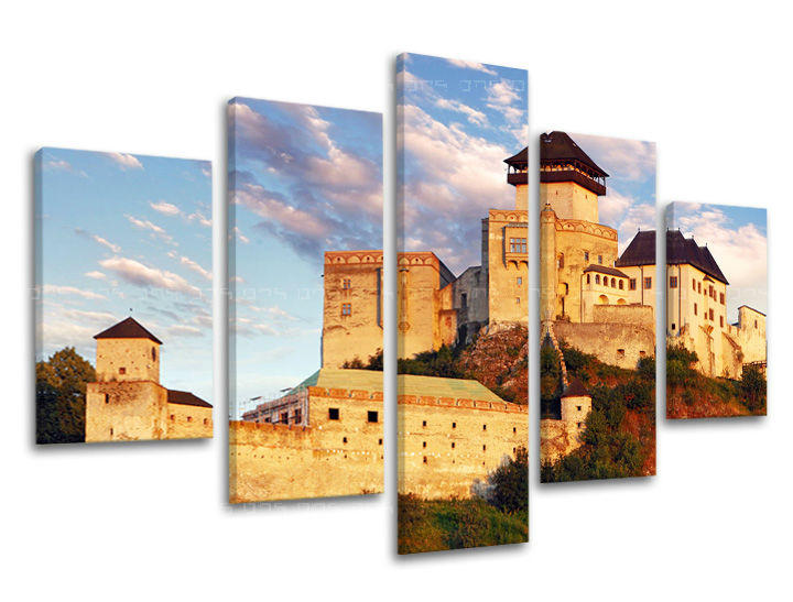 Klasičan slika na platnu s motivom SLOVAČKA, zamak, nebo, arhitektura, dječji motiv u plavo-zlatnih nijansama, višedijelna izvedba, pogodan za dnevnog boravka – glavna