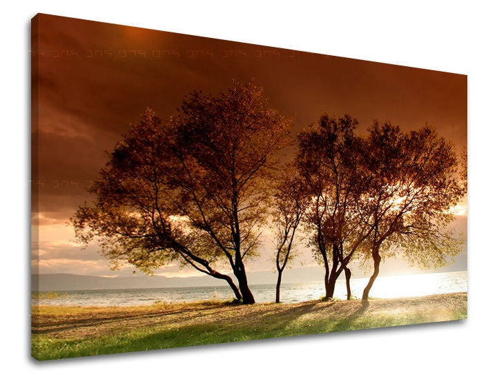 Klasičan slika na platnu s motivom drveće, nebo, pejzaž, mapa, priroda u smeđe-narandžastih nijansama, mirna atmosfera, priroda i samoća, pogodan za dnevnog boravka – glavna