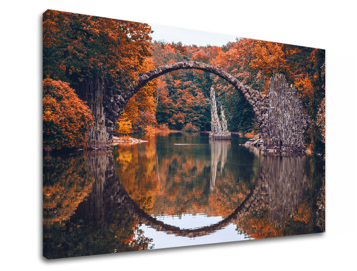 Klasičan slika na platnu s motivom KRAJINA, jezero, arhitektura, priroda u narandžasto-crvenih nijansama, mirna atmosfera, priroda, pogodan za dnevnog boravka – proizvod