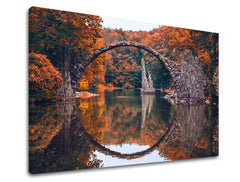 Klasičan slika na platnu s motivom KRAJINA, jezero, arhitektura, priroda u narandžasto-crvenih nijansama, mirna atmosfera, priroda, pogodan za dnevnog boravka – proizvod