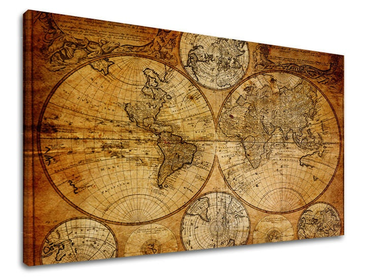 U boho stilu slika na platnu s motivom mapa svijeta, putnički motiv, inspirativni motiv, mapa, more i plaža u bež-smeđih nijansama, pogodan za kancelarije – glavna