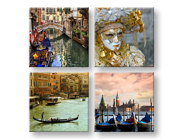 U boho stilu slika na platnu s motivom Venezia, pejzaž, gradski motiv u plavo-zlatnih nijansama, romantična atmosfera, romantika, pogodan za radne sobe – glavna