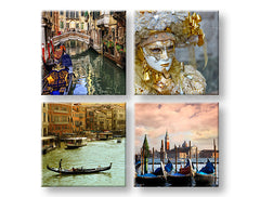 U boho stilu slika na platnu s motivom Venezia, pejzaž, gradski motiv u plavo-zlatnih nijansama, romantična atmosfera, romantika, pogodan za radne sobe – glavna