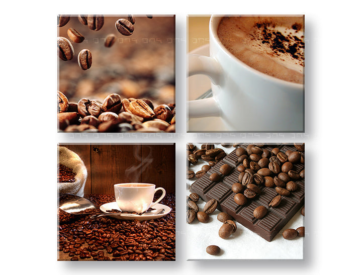 Kolaž slika na platnu s motivom Coffee time, šolja kafe, religiozni motiv u bež-smeđih nijansama, ugodna atmosfera, višedijelna izvedba – glavna