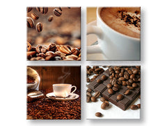 Kolaž slika na platnu s motivom Coffee time, šolja kafe, religiozni motiv u bež-smeđih nijansama, ugodna atmosfera, višedijelna izvedba – glavna