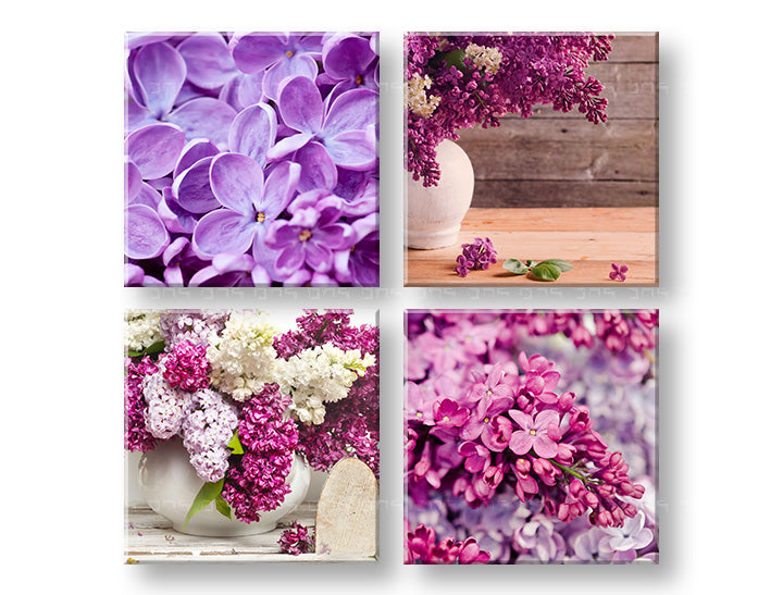 Kolaž slika na platnu s motivom Lilacs, cvijeće, priroda, životinja u bijelo-ljubičastih nijansama, mirna atmosfera, proljetna atmosfera i priroda, višedijelna izvedba – glavna