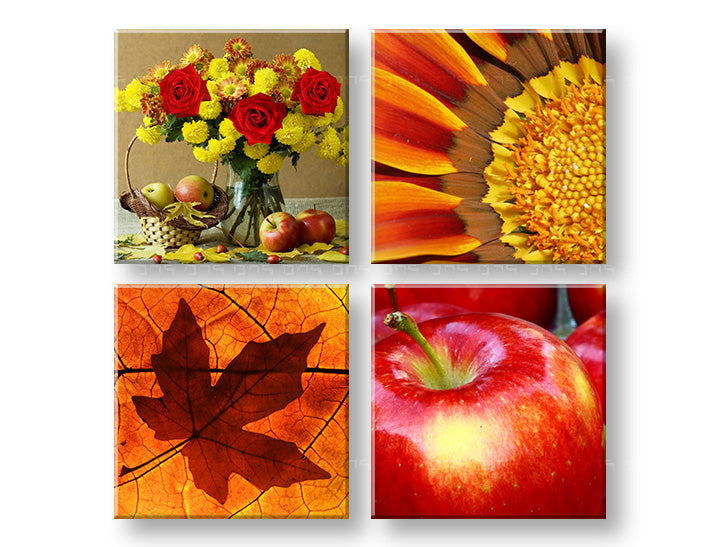 Kolaž slika na platnu s motivom The smell of Autumn, ruže, slnečnica, cvijeće, priroda u narandžasto-crvenih nijansama, topla atmosfera, višedijelna izvedba – glavna
