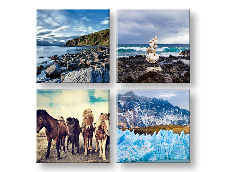 U boho stilu slika na platnu s motivom Walking through the Iceland, konji, planine, pejzaž, more i plaža u plavo-zelenih nijansama, višedijelna izvedba – glavna