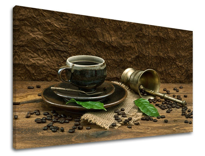 Vintage slika s motivom šolja kafe, priroda u smeđe-zelenih nijansama | Slika za zid KUHINJA, zidna dekoracija – pregled