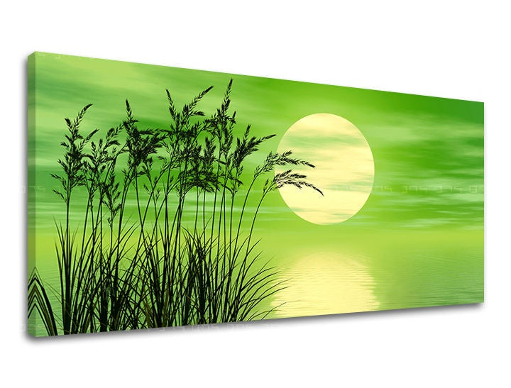 Klasičan slika na platnu s motivom PANORAMA APSTRAKT, sunce, nebo, pejzaž, svemir u zeleno-žutih nijansama, mirna atmosfera, pogodan za dnevnog boravka – glavna
