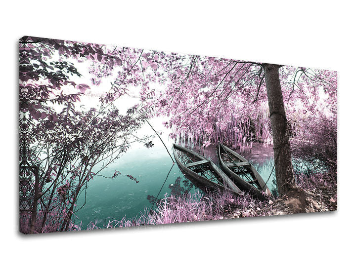 Klasičan slika na platnu s motivom PANORAMA DRVEĆE, drveće, mapa, priroda u ružičasto-zelenih nijansama, mirna atmosfera, priroda i samoća, pogodan za spavaće sobe – glavna