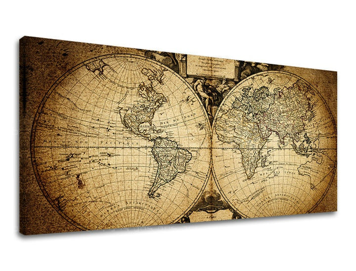 Vintage slika na platnu s motivom PANORAMA INSPIRACIJA, mapa svijeta, putnički motiv, inspirativni motiv, mapa u bež-smeđih nijansama, pogodan za hodnika – glavna