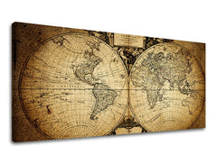 Vintage slika na platnu s motivom PANORAMA INSPIRACIJA, mapa svijeta, putnički motiv, inspirativni motiv, mapa u bež-smeđih nijansama, pogodan za hodnika – glavna