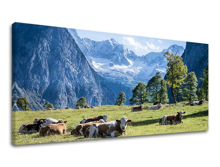 Rustikalan slika na platnu s motivom PANORAMA KRAJINA, planine, livada, drveće, snijeg u bijelo-plavih nijansama, mirna atmosfera, priroda, pogodan za dnevnog boravka – glavna