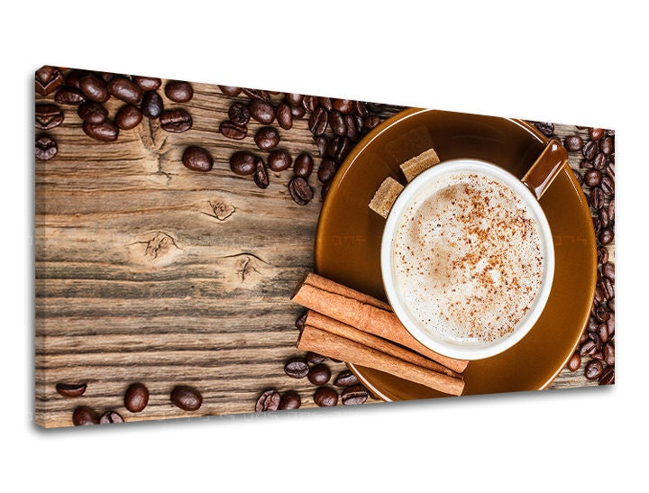 Rustikalan slika na platnu s motivom PANORAMA KUHINJA, šolja kafe u smeđe-kremih nijansama, ugodna atmosfera, pogodan za kuhinje | Slika za zid PANORAMA KUHINJA – glavna