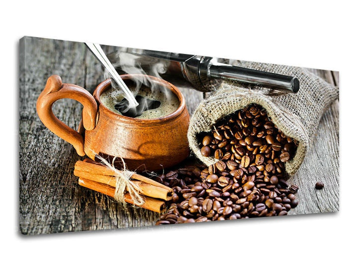 Klasičan slika na platnu s motivom PANORAMA KUHINJA, šolja kafe u smeđih nijansama, ugodna atmosfera, pogodan za kuhinje | Slika za zid PANORAMA KUHINJA – glavna