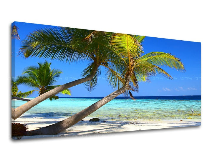 Klasičan slika na platnu s motivom PANORAMA PLAŽA, palme, plaža, okean, nebo u bijelo-plavih nijansama, opuštajuća atmosfera, priroda, pogodan za dnevnog boravka – glavna