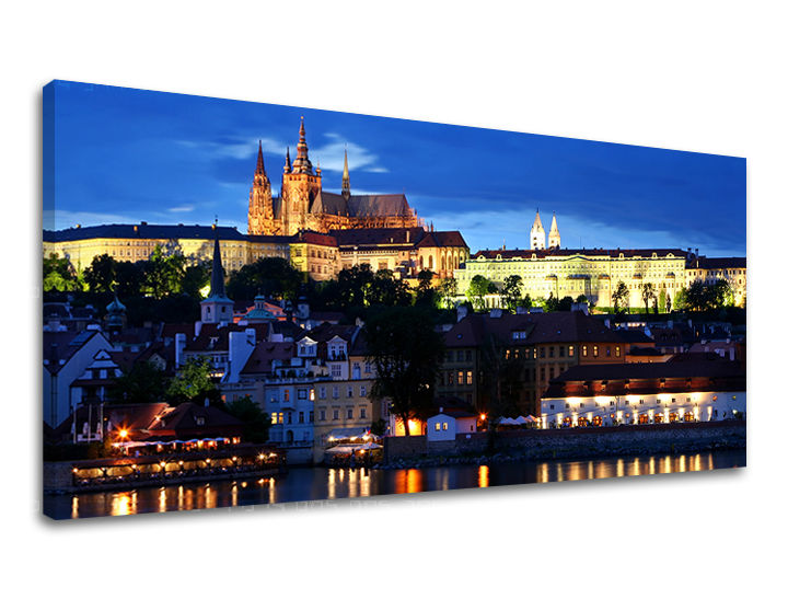 Klasičan slika na platnu s motivom PANORAMA PRAHA, noćno nebo, pejzaž, priroda u bijelo-plavih nijansama, veličanstvena atmosfera, pogodan za radne sobe – glavna