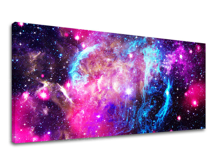 U boho stilu slika na platnu s motivom PANORAMA SVEMIR, zvijezde, galaksija, dječji motiv, mapa u ljubičasto-plavih nijansama, eterična atmosfera – glavna