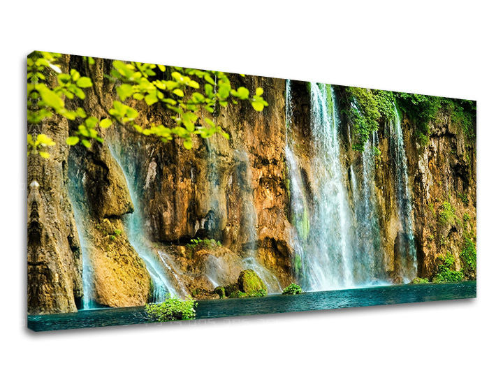 Klasičan slika na platnu s motivom PANORAMA VODOPADI, vodopad, pejzaž, mapa u smeđe-tirkiznih nijansama, mirna atmosfera, pogodan za dnevnog boravka – glavna