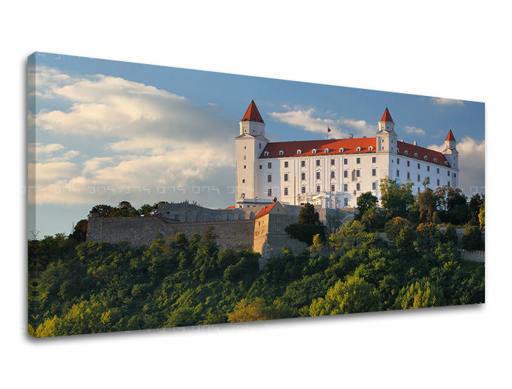 Klasičan slika na platnu s motivom PANORAMA SLOVAČKA, zamak, drveće, nebo, oblaci u bijelo-plavih nijansama, mirna atmosfera, pogodan za hodnika – glavna