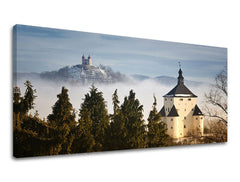 Klasičan slika na platnu s motivom PANORAMA SLOVAČKA, magla, nebo, arhitektura, dječji motiv u bijelo-zelenih nijansama, mirna atmosfera – glavna