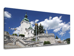 Klasičan slika na platnu s motivom PANORAMA SLOVAČKA, crkva, nebo, religiozni motiv, slovački motiv u bijelo-plavih nijansama, pogodan za hodnika – glavna