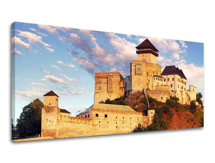 Klasičan slika na platnu s motivom PANORAMA SLOVAČKA, zamak, nebo, arhitektura, dječji motiv u bež-plavih nijansama, mirna atmosfera – glavna