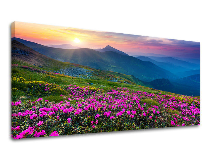 Klasičan slika na platnu s motivom PANORAMA SLOVAČKA, planine, zalazak sunca, nebo, pejzaž u ljubičasto-plavih nijansama, mirna atmosfera, pogodan za spavaće sobe – glavna