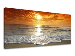 U boho stilu slika na platnu s motivom PANORAMA ZALAZAK SUNCA, okean, zalazak sunca, plaža, talasi u plavo-narandžastih nijansama, mirna atmosfera, pogodan za dnevnog boravka – glavna [XOBZS011E13]