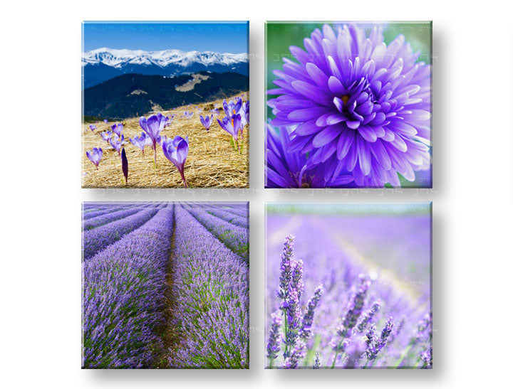 Kolaž slika na platnu s motivom Wonderful view, planine, pejzaž, cvijeće, priroda u bijelo-ljubičastih nijansama, mirna atmosfera, višedijelna izvedba – glavna