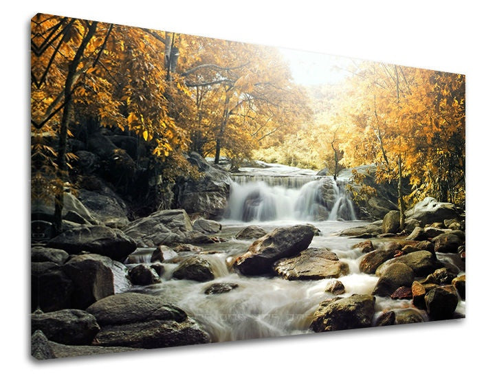 Klasičan slika na platnu s motivom VODOPADI, vodopad, rijeka, drveće, pejzaž u bijelo-smeđih nijansama, mirna atmosfera, priroda, pogodan za spavaće sobe – glavna