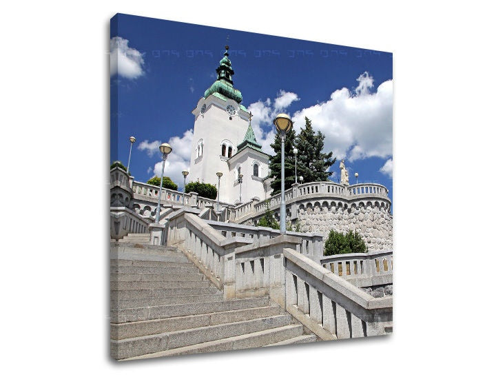 Klasičan slika na platnu s motivom SLOVAČKA, crkva, nebo, religiozni motiv, slovački motiv u bijelo-plavih nijansama, pogodan za hodnika | Slika za zid SLOVAČKA – glavna