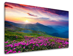 Klasičan slika na platnu s motivom SLOVAČKA, planine, nebo, sunce, pejzaž u ljubičasto-plavih nijansama, mirna atmosfera, priroda i proljetna atmosfera – glavna