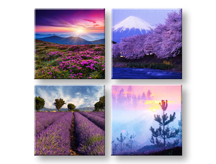Kolaž slika na platnu s motivom Everywhere purple, planine, cvijeće, drveće, zalazak sunca u ljubičasto-ružičastih nijansama, mirna atmosfera, pogodan za dnevnog boravka – glavna