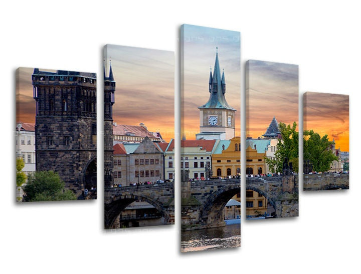 Klasičan slika na platnu s motivom GRAD PRAHA, Praha, arhitektura u višebojnih nijansama, mirna atmosfera, višedijelna izvedba, pogodan za kancelarije – glavna