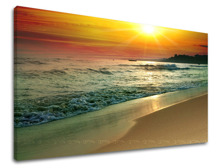 Klasičan slika na platnu s motivom ZALAZAK SUNCA, sunce, okean, plaža, nebo u narandžasto-zlatnih nijansama, mirna atmosfera, priroda i primorski život – glavna