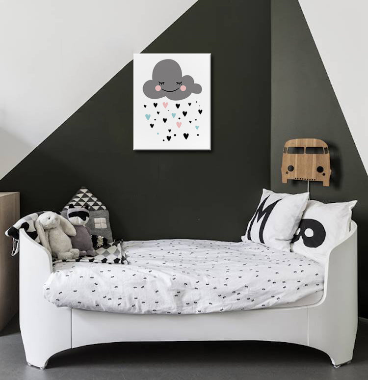U boho stilu slika na platnu s motivom ZA DJECU, kiša, dječji motiv, priroda u bijelo-sivih nijansama, ljubav i snovi, pogodan za dječije sobe | Slika za zid ZA DJECU – glavna