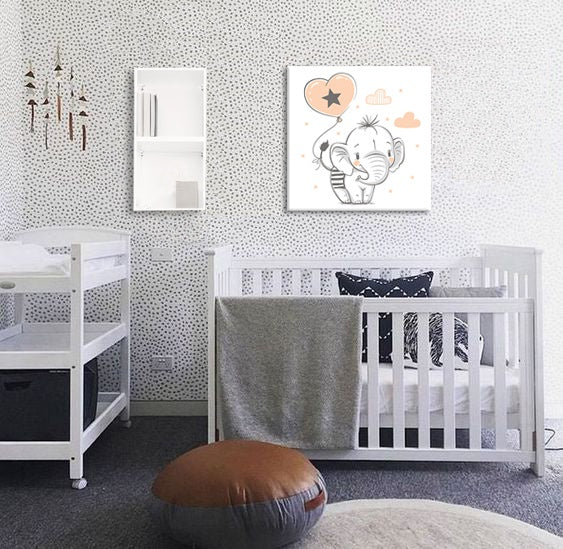 U boho stilu slika s motivom ZA DJECU, slon, balon u bijelo-smeđih nijansama | Slika za zid ZA DJECU, djetinjstvo i snovi – pregled