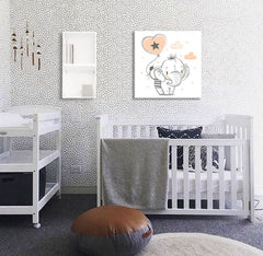 U boho stilu slika na platnu s motivom ZA DJECU, slon, balon, oblaci, zvijezde u bijelo-smeđih nijansama, razigrana atmosfera, djetinjstvo i snovi, pogodan za dječije sobe – glavna