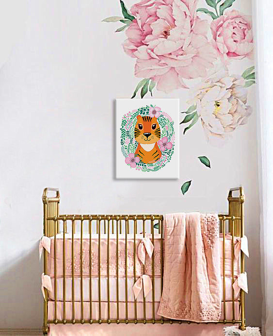 U boho stilu slika na platnu s motivom ZA DJECU, lišće, cvijeće, dječji motiv, priroda u bijelo-narandžastih nijansama, razigrana atmosfera, pogodan za dječije sobe – glavna