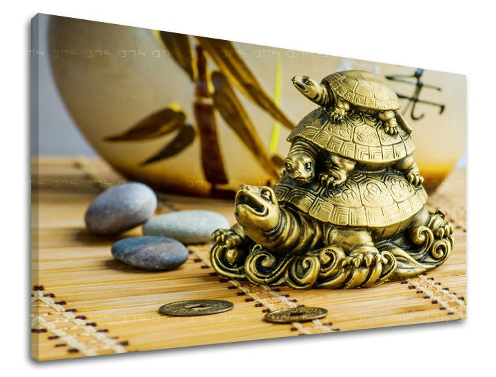 Klasičan slika na platnu s motivom FENG SHUI, priroda u bež-zlatnih nijansama, mirna atmosfera, priroda, pogodan za dnevnog boravka | Slika za zid FENG SHUI – glavna