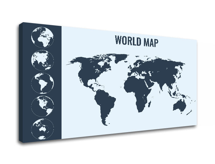 Moderan slika na platnu s motivom MAPY, mapa svijeta, putnički motiv, mapa u plavih nijansama, pogodan za kancelarije | Slika za zid MAPY_013 – proizvod