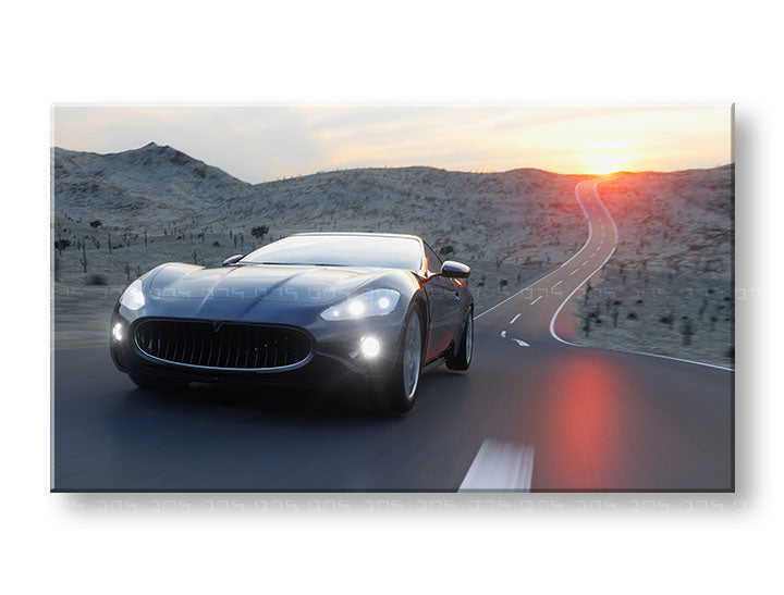 Art deko slika na platnu s motivom MOTO, zalazak sunca, planine, automobil, pejzaž u narandžasto-crnih nijansama, mirna atmosfera, pogodan za kancelarije – glavna
