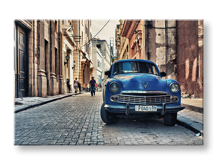 Vintage slika na platnu s motivom MOTO, automobil, mapa, gradski motiv u bež-plavih nijansama, nostalgična atmosfera, pogodan za kancelarije – glavna