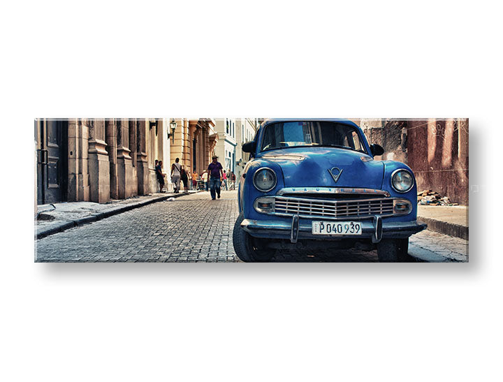 Vintage slika na platnu s motivom MOTO, automobil, gradski motiv u bež-plavih nijansama, nostalgična atmosfera, gradski život, pogodan za kancelarije – glavna