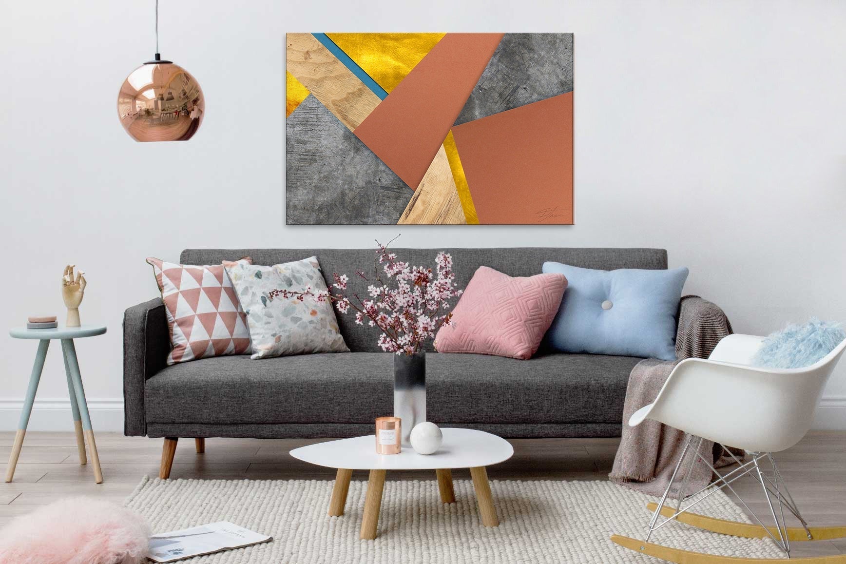 Geometrijski slika s motivom Turning Tables, priroda u bijelo-plavih nijansama | Slika za zid Turning Tables – pregled